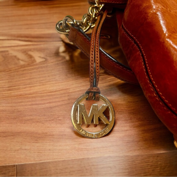 Vintage Michael Kors Vintage Cognac Brown Leather Gold Studs and Chain C… - Picture 8 of 12